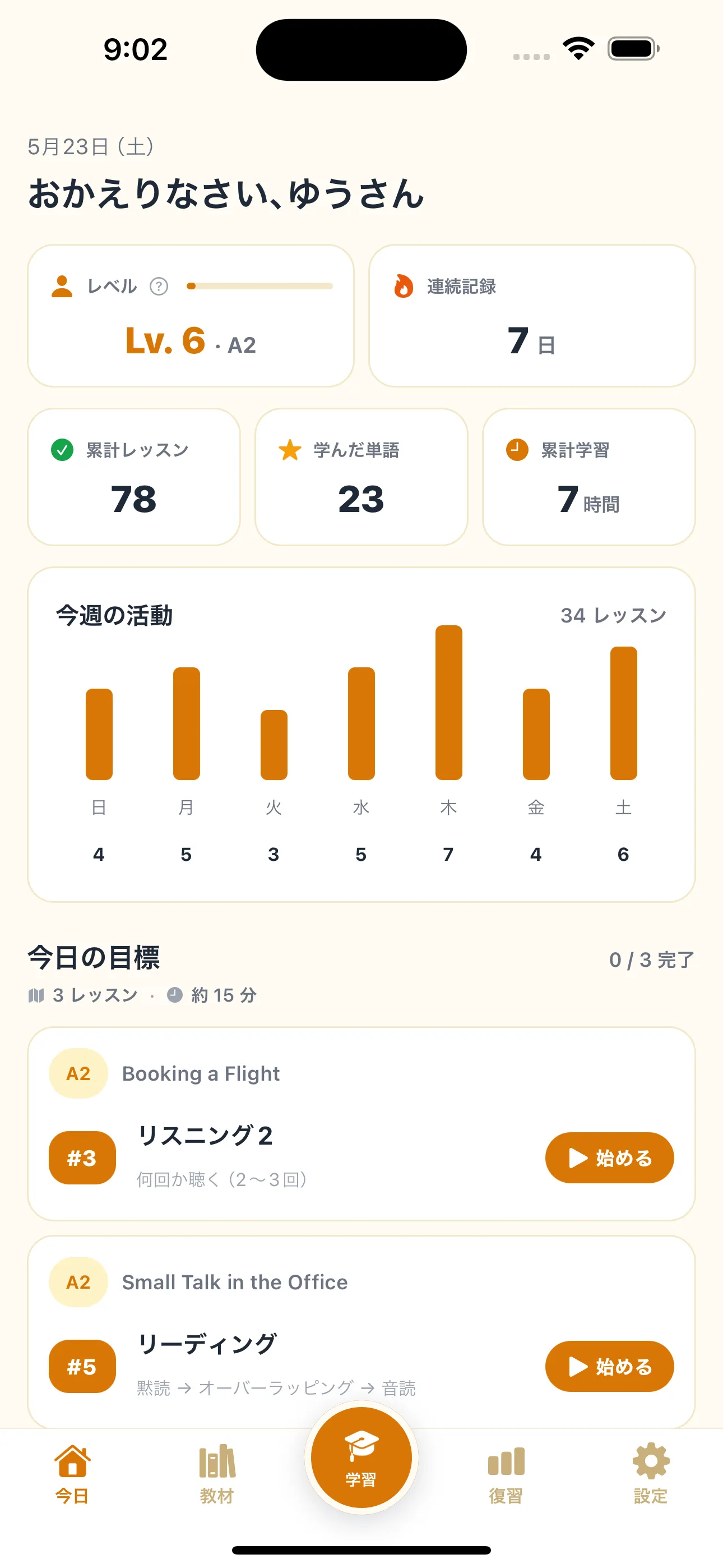 miel アプリのホーム画面 — 今日の目標と進捗ダッシュボード